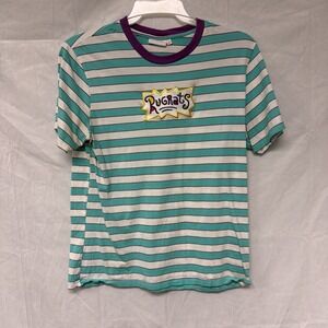 Rugrats Nickelodeon Adult T-shirt Logo Blue Turquoise White Stripes Size Large‎